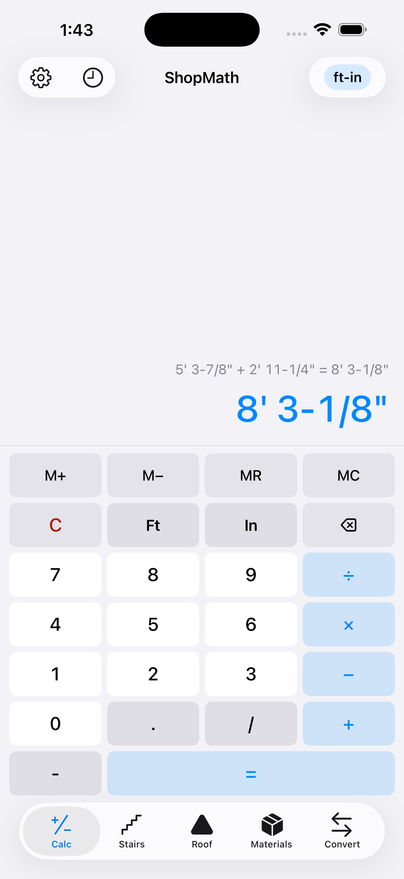 ShopMath calculator showing an exact feet-inch fraction result