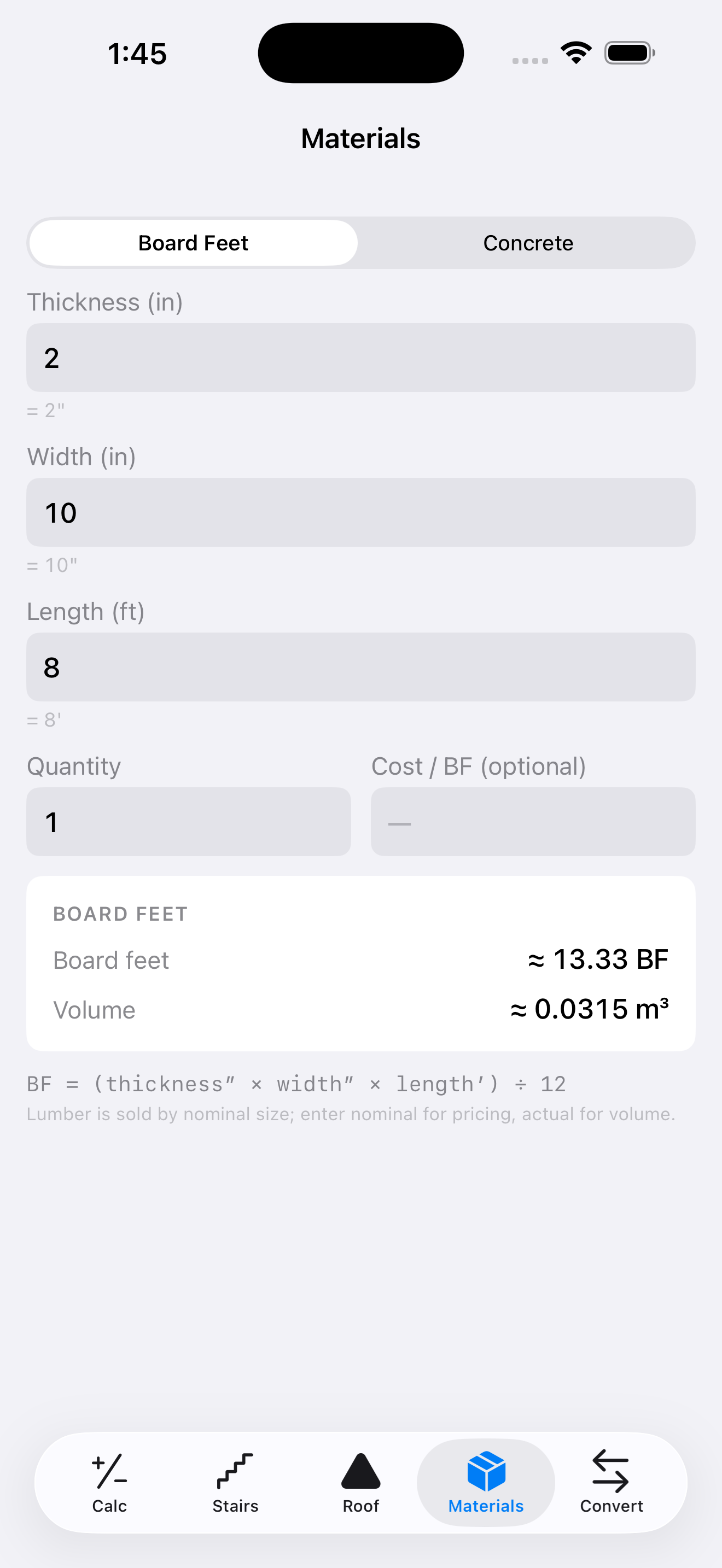 ShopMath materials calculator